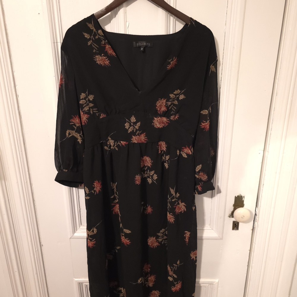 Dynamite Black Dress with Red and Gold Floral Design
